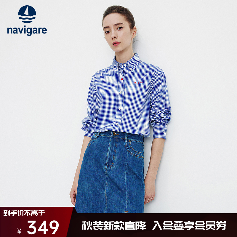 [明星同款]navigare意大利小帆船纯棉长袖衬衫女秋季新款格子衬衣