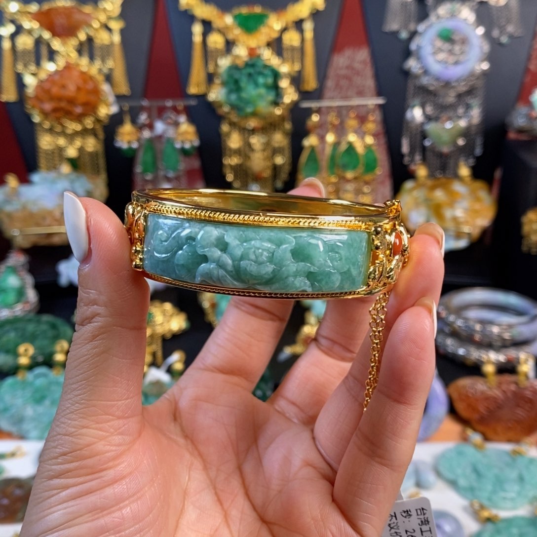 翡翠手镯银S925镀金镶嵌手镯