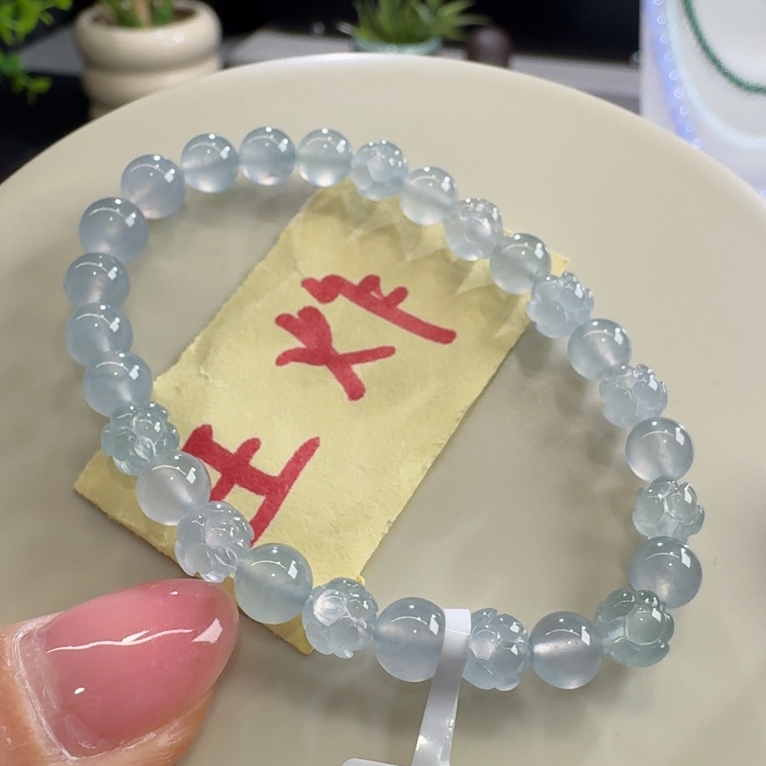 足金镶嵌手链翡翠福利款巨漏高冰梦幻蓝单圈6-7.2mm