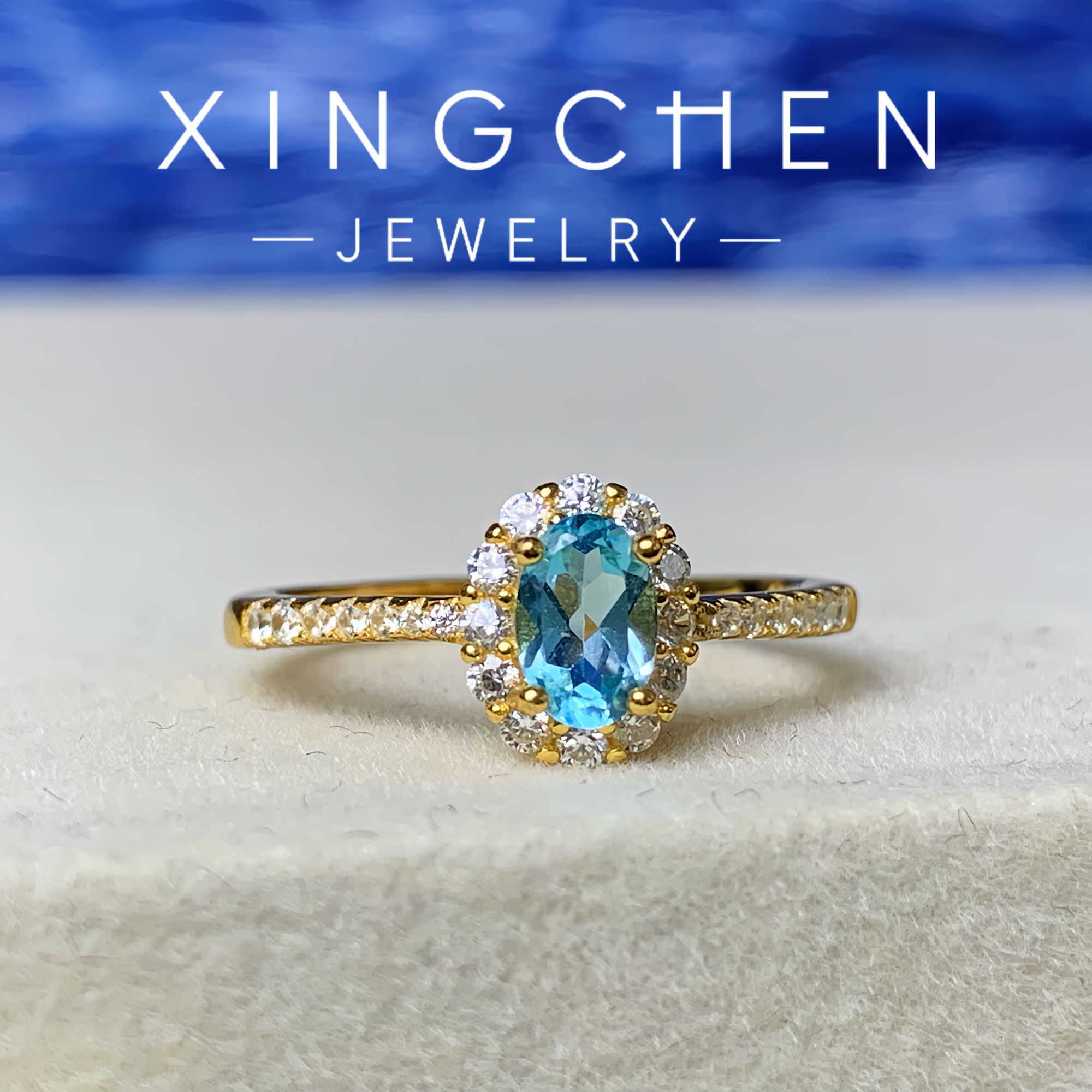 【花瓣围绕】瑞士蓝托帕石戒指S925银镶嵌蓝气质轻奢戒指饰品