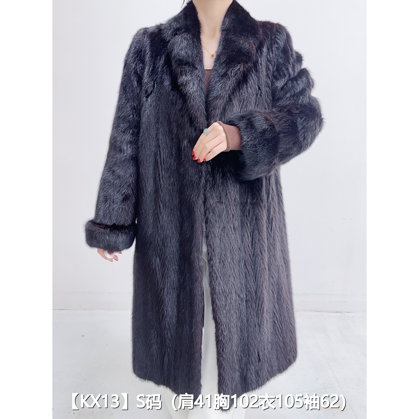 【KX13】S 红黑色超长款全抽貂皮大衣外套女 西装领挽袖 46013