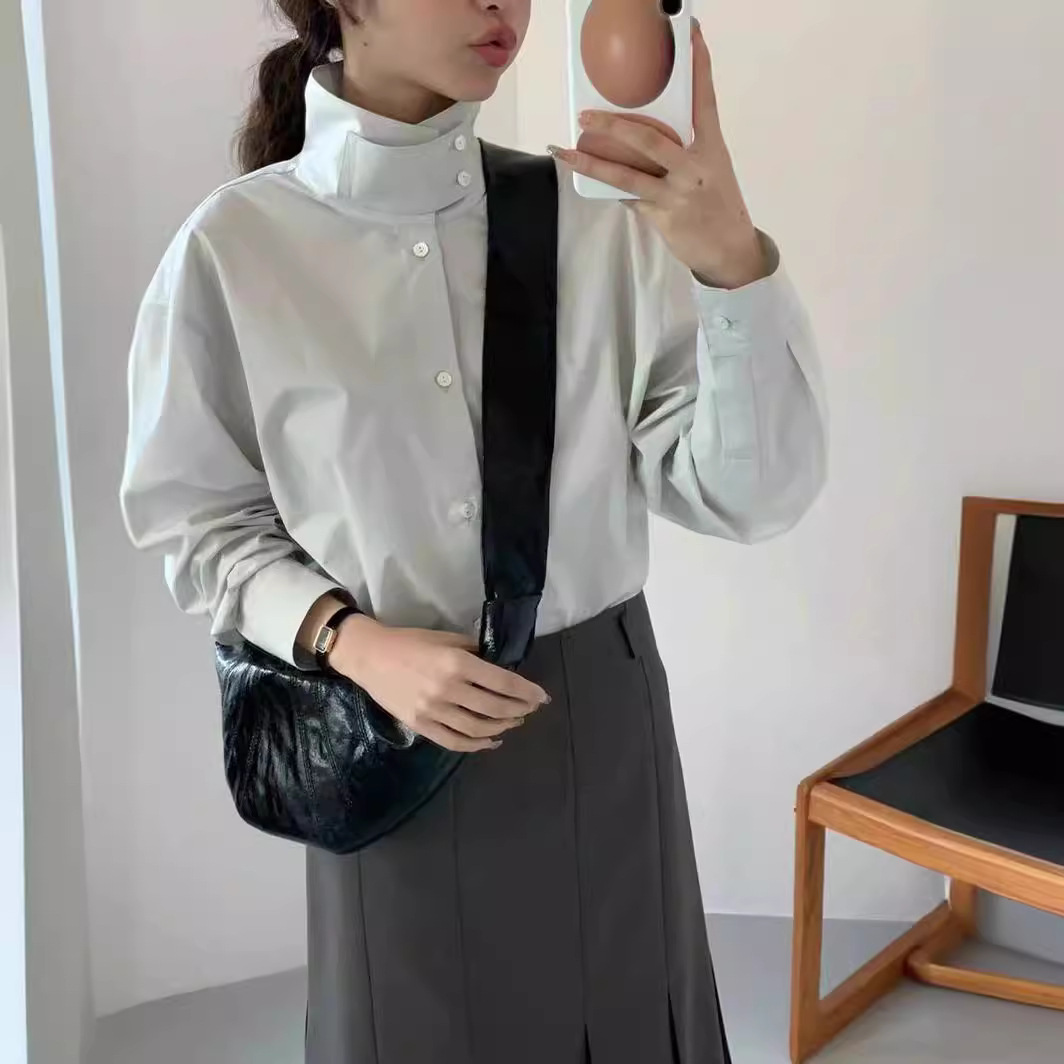 韩单 e*g新款简约休闲立领两穿百搭宽松通勤全棉长袖衬衫