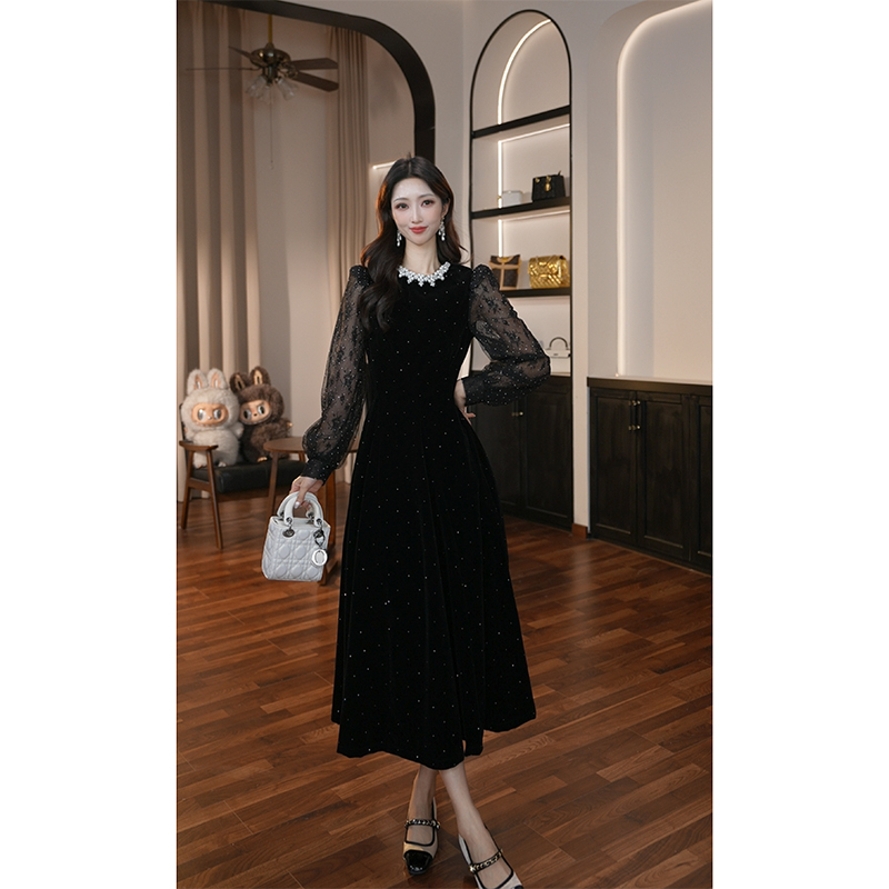 【滋滋定制】秋冬新款法式宴会小众优雅气质高腰显瘦拼接连衣裙9169