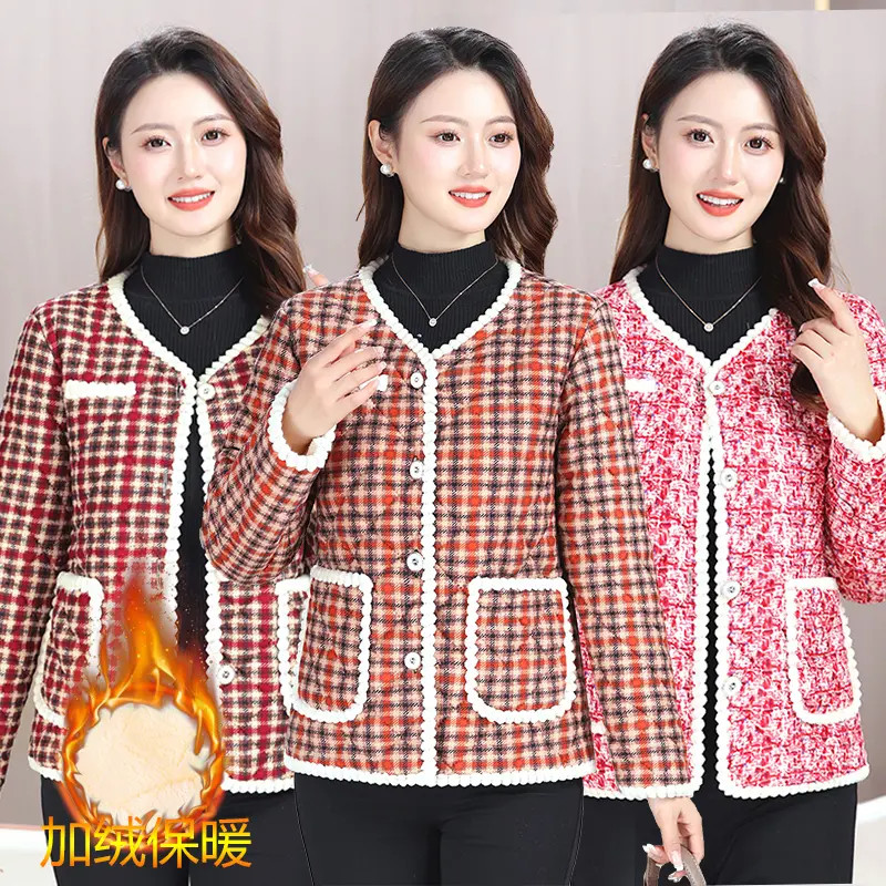 A092中老年小香风加绒女女士外套秋冬短外套女装上衣妈妈装洋气