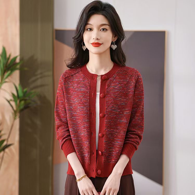 2025春秋新款彩纱针织扣子真开衫长袖宽松外套休闲显瘦时尚妈妈装