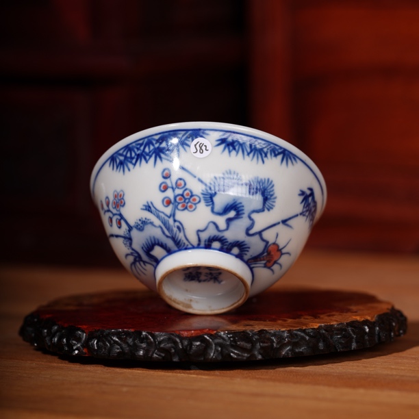 582晚清青花釉里红杯 明清老瓷器仿古典家居书房摆件瓷器收藏