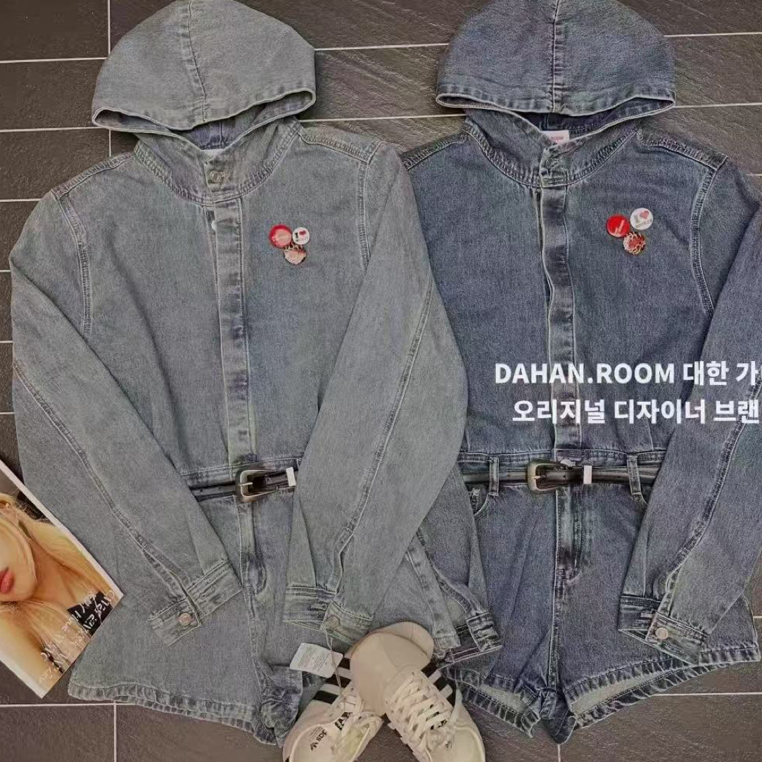 DAHAN正版秋季新款 连帽牛仔连体短裤女