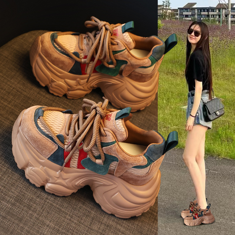 增高9CM厚底拼色老爹鞋女2025秋季新款网面运动潮鞋百搭休闲鞋