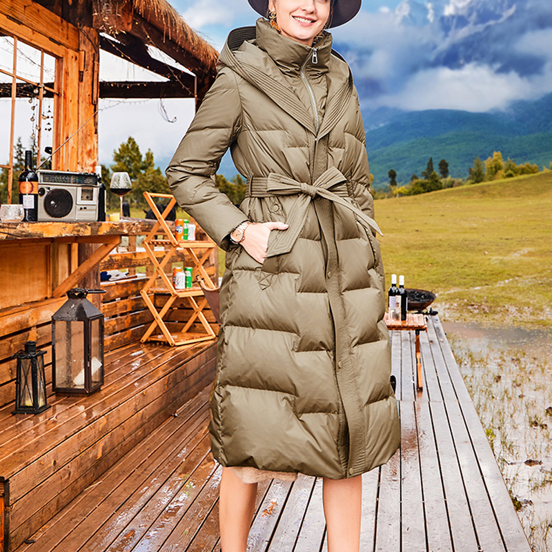 8092平湖羽绒服女款中长款连帽厚外套羽绒服大码白鸭绒