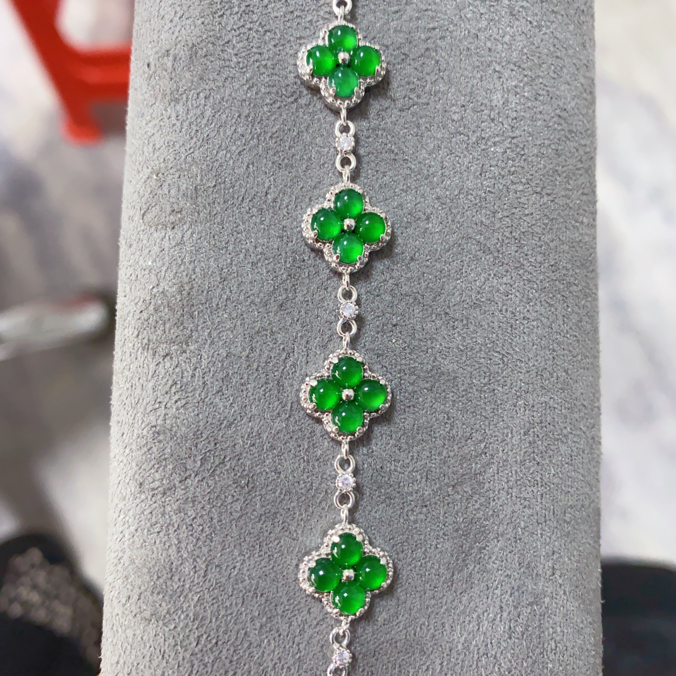 天然高品质翡翠A货满绿冰种四叶草手链S925银简约百搭高级轻奢