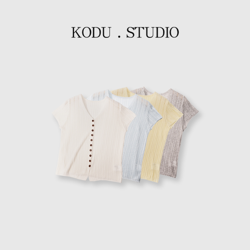 【刻度KODU】YJF-5390夏季新款时尚宽松V领挑洞针织短袖开衫