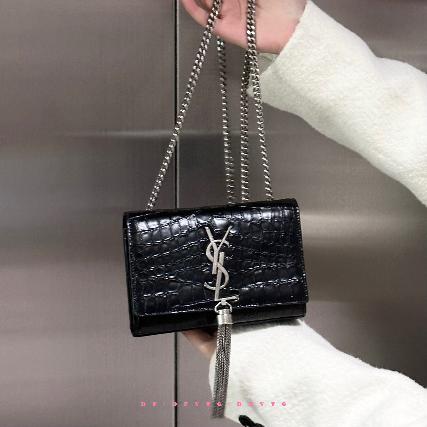 95新 YSL/圣罗兰 ysl 黑银流苏鳄压kate斜挎包