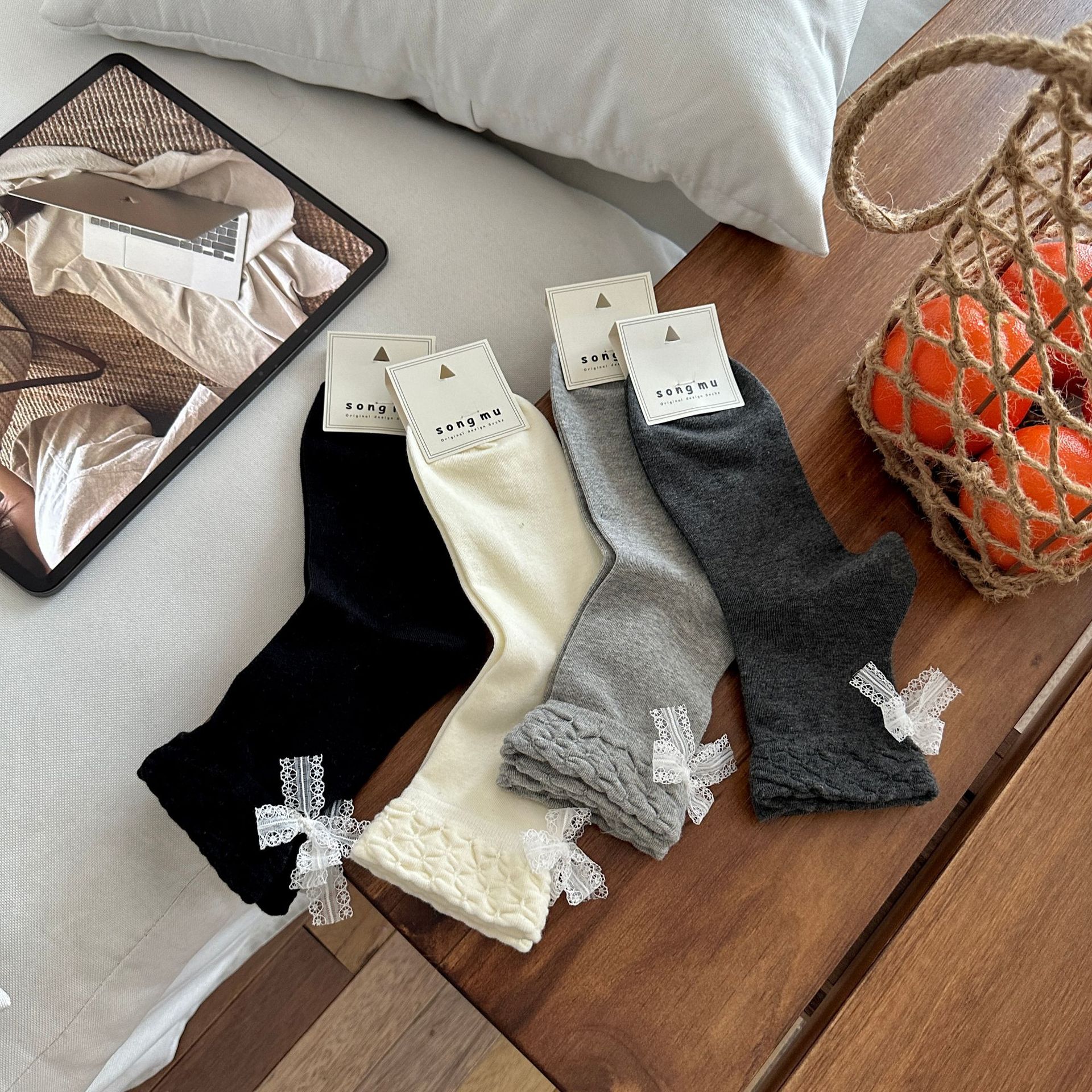 后跟蕾丝蝴蝶结堆堆袜子薄款女百搭中筒袜子韩系袜子女夏季薄款