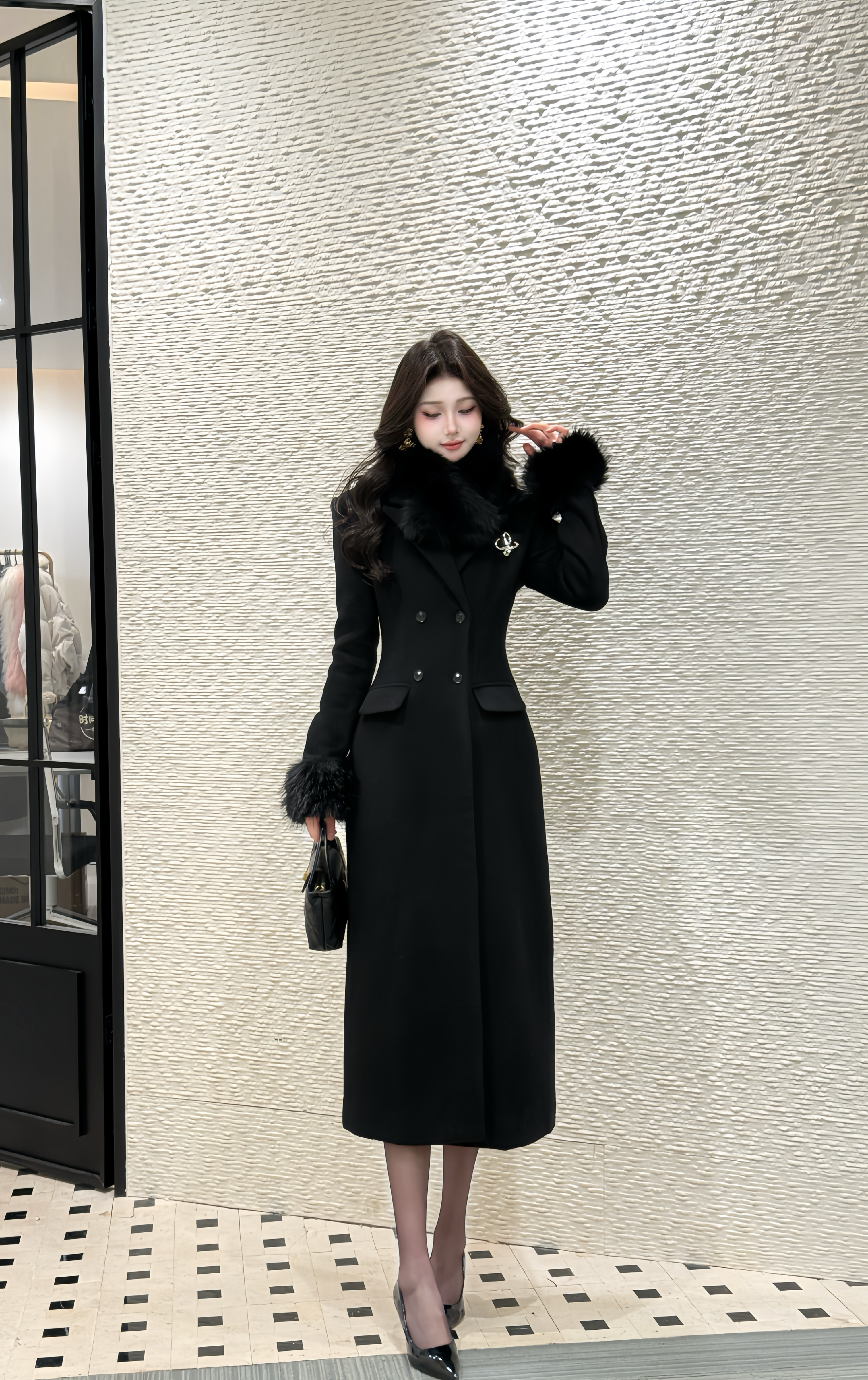 【魅影风波】常规款毛呢长款纯色时尚收腰冬季气质常规毛呢外套