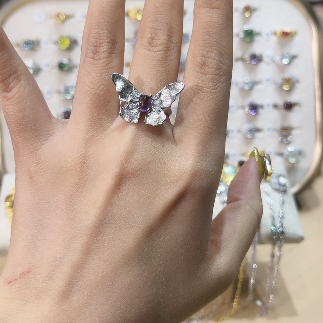 蛇纹石玉戒指银S925镶嵌叮*淋