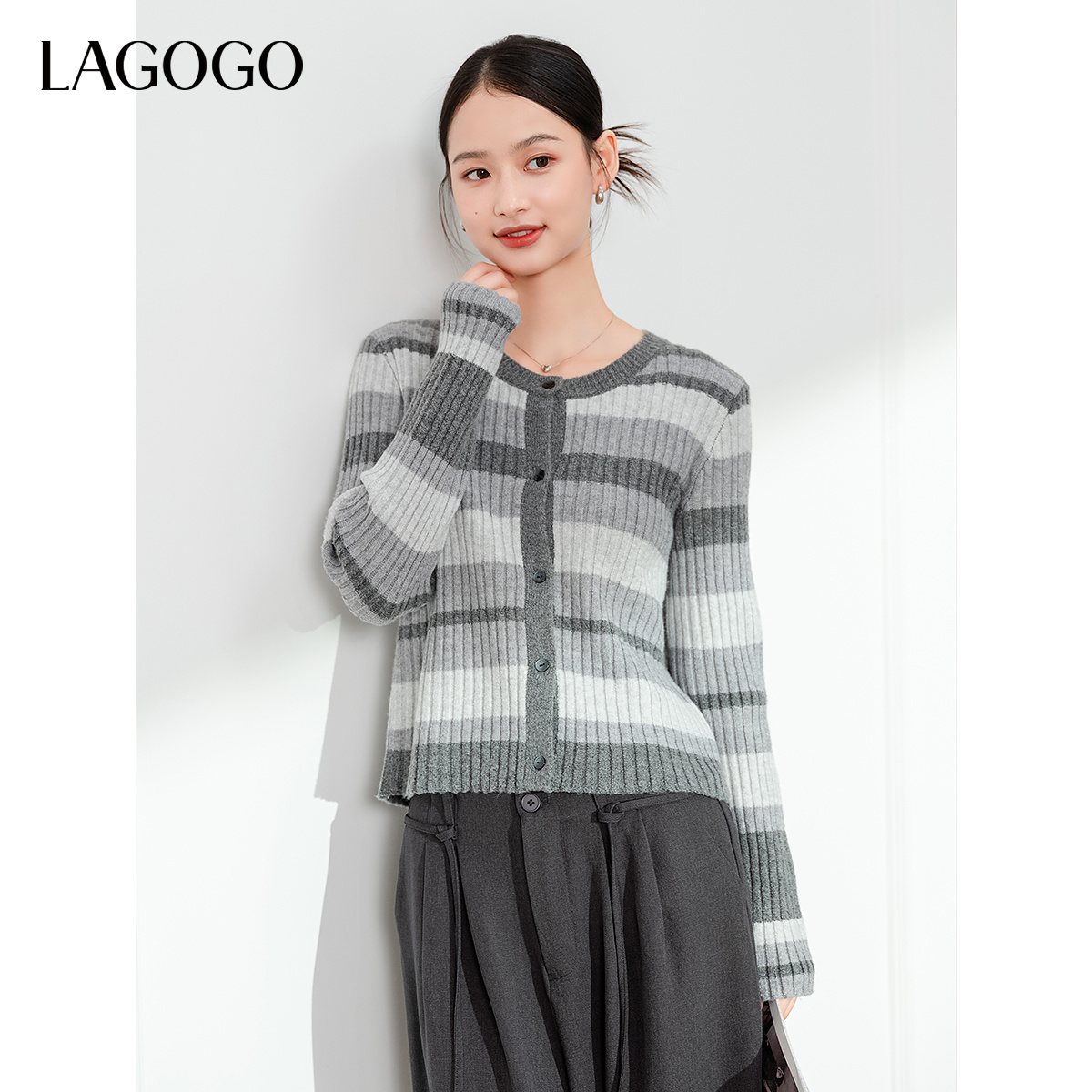 【立子】lagogo拉谷谷清爽条纹柔软弹力百搭针织衫女NCMM829C24