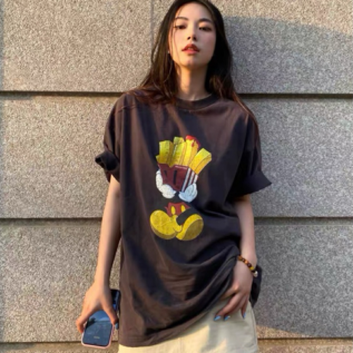 Davy 美式宽松薯条小破坏卡通做旧短袖T恤男女同款