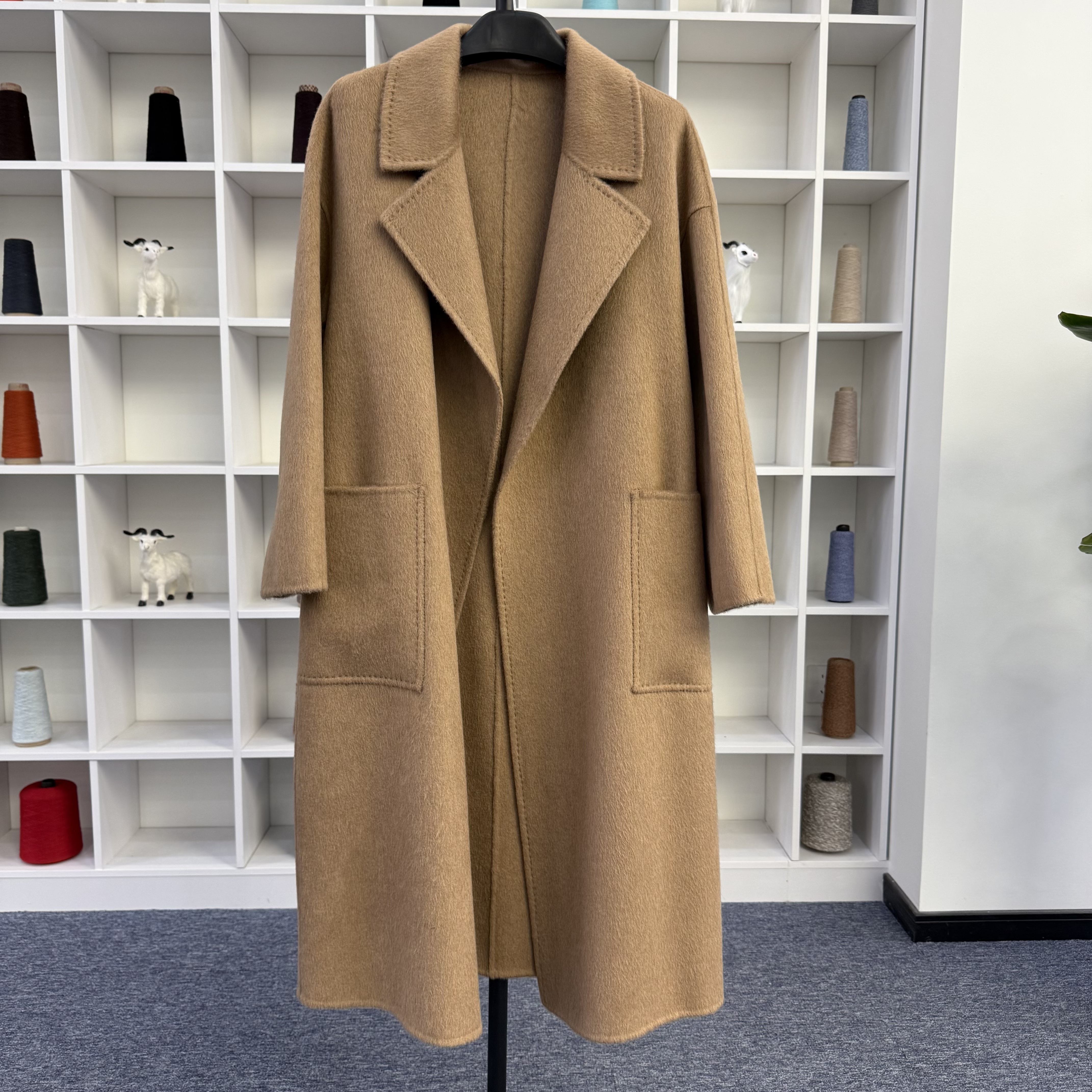 双面呢大衣时尚宽松型长款长袖女毛呢外套经典睡袍款