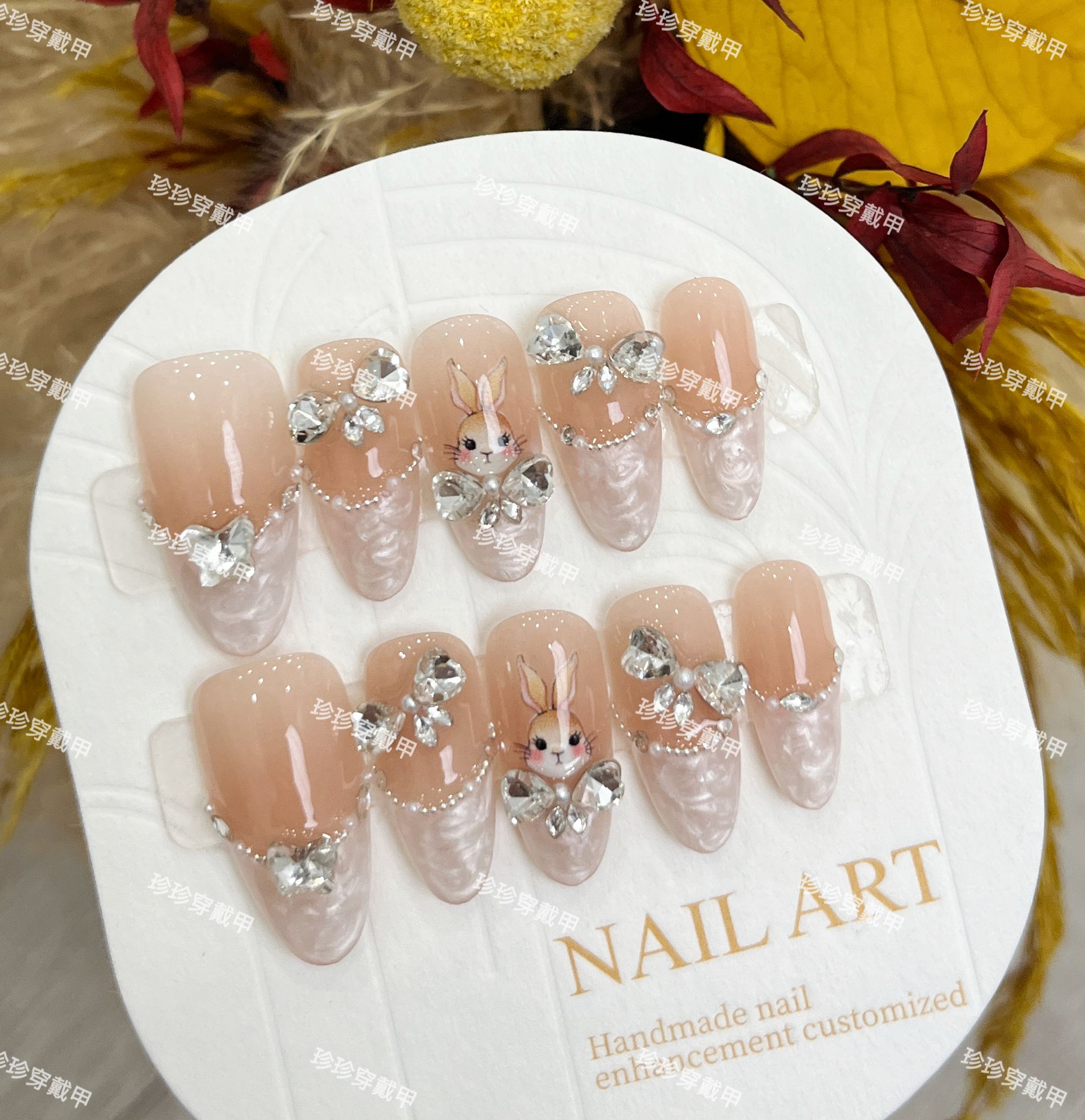 【天使兔兔】珍珍手工穿戴甲精致温柔螺纹胶法式镶钻兔子美甲贴片