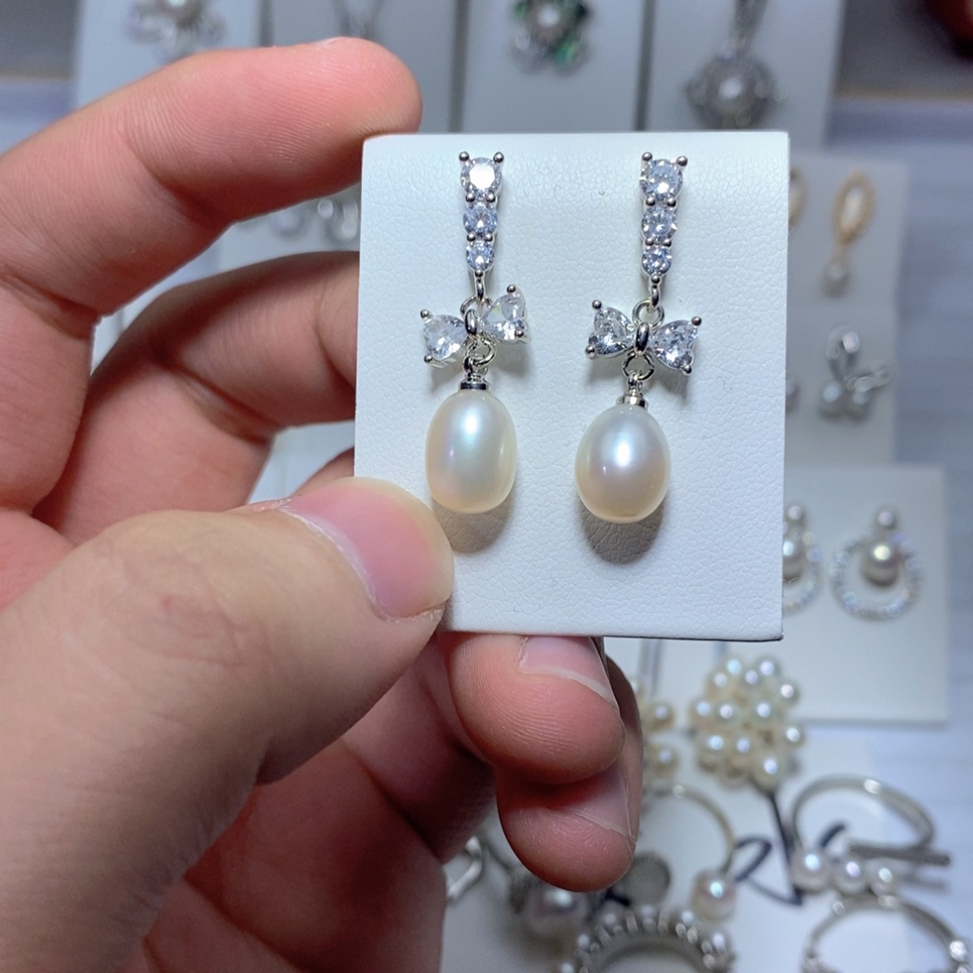 耳饰银S925镶嵌淡水珍珠