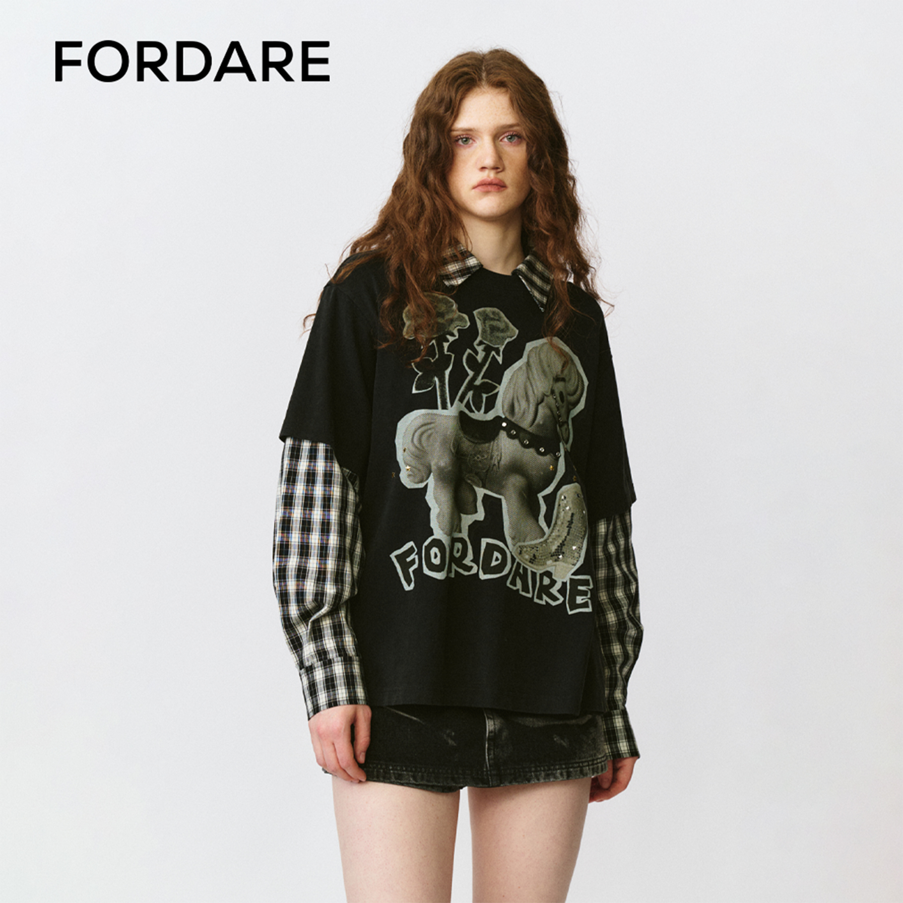 FORDARE 福蝶 25冬季新品黑色假两件陶瓷小马洗水T恤长袖宽松3736