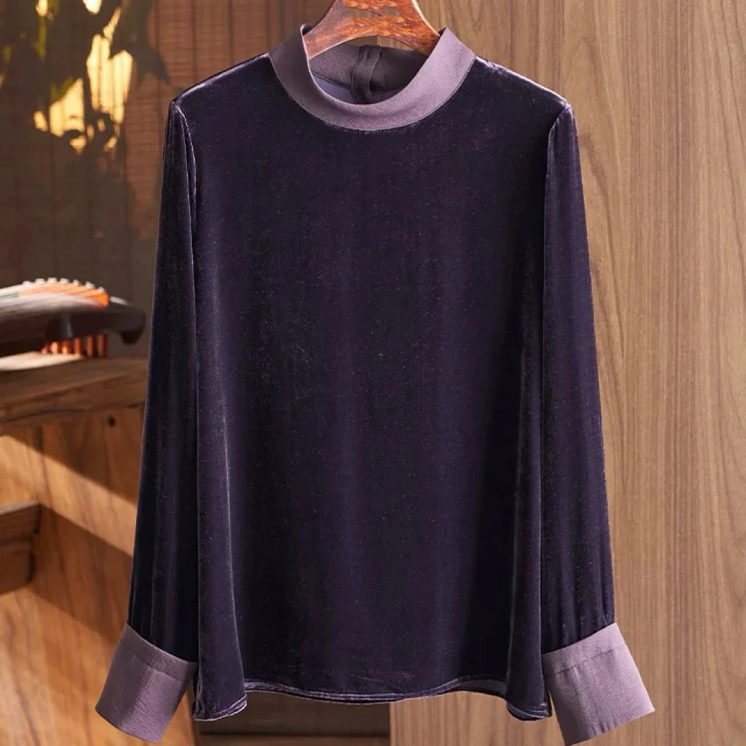 法式撞色显瘦优雅复古丝绒时尚秋冬上衣宽松半高领百搭