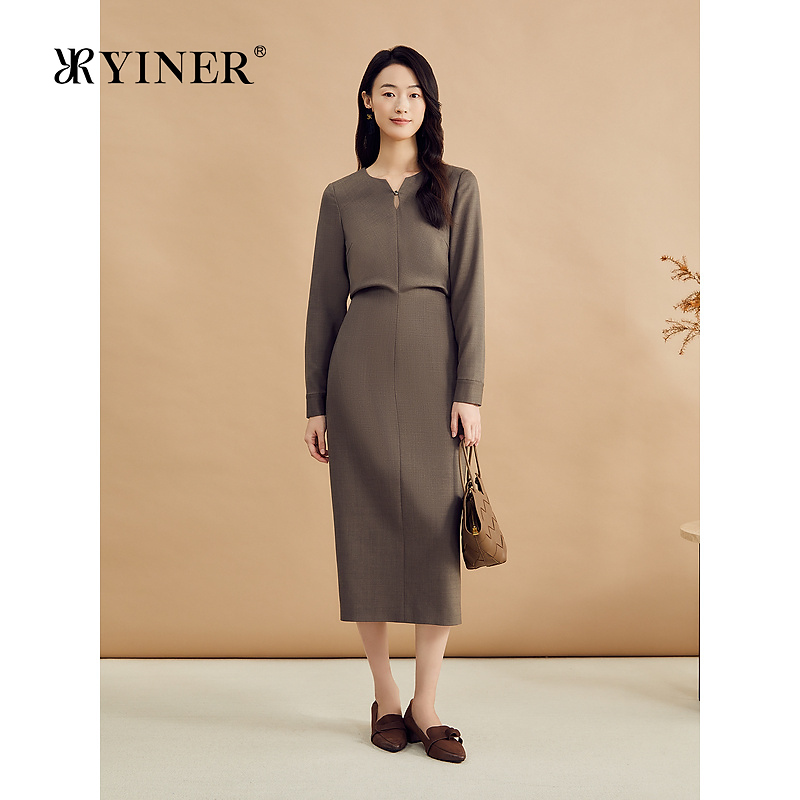 YINER音儿秋季时尚羊毛镂空水滴领美拉德收腰连衣裙