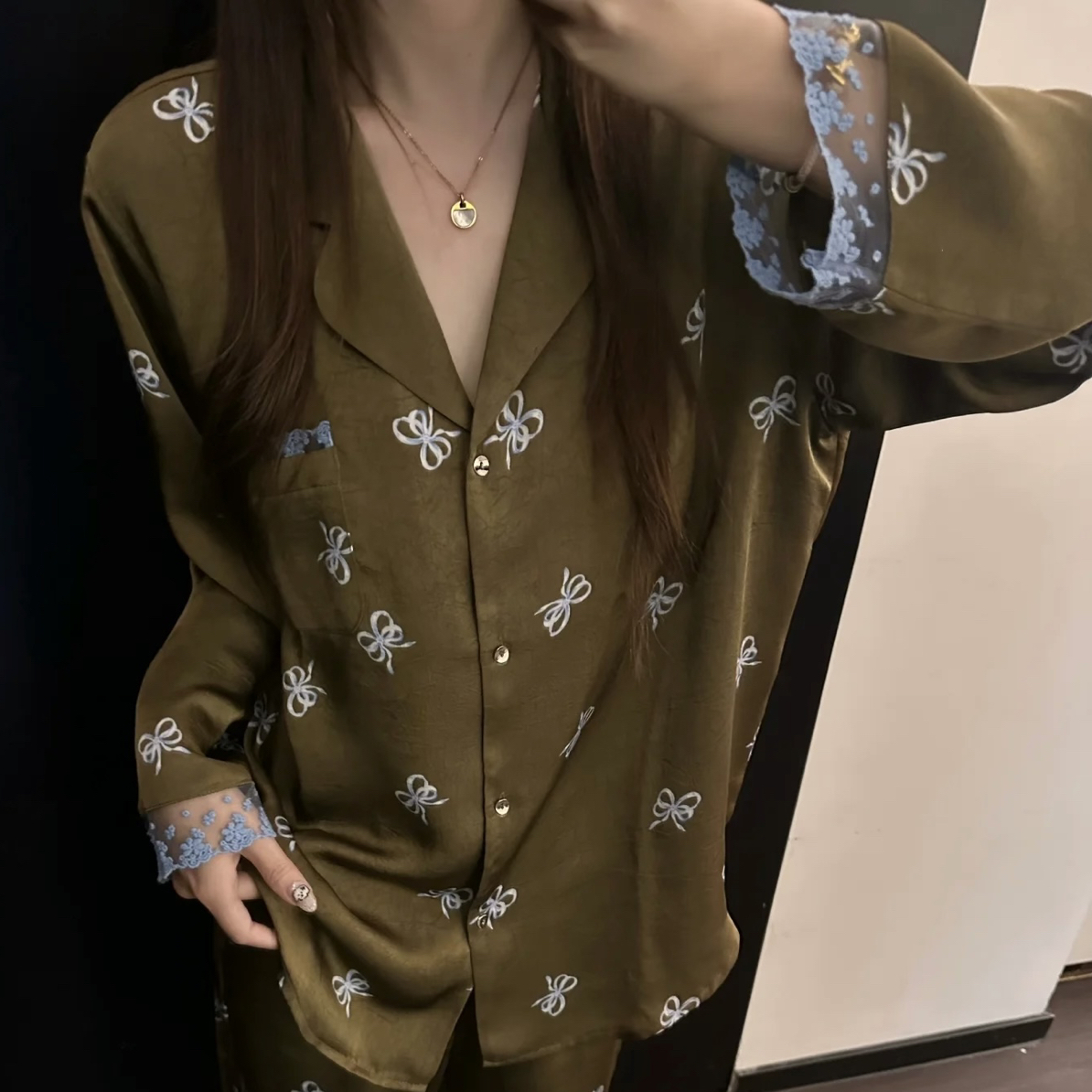 （拉萨发货）法式高级感蕾丝蝴蝶结印花冰丝睡衣套装可外穿家居服