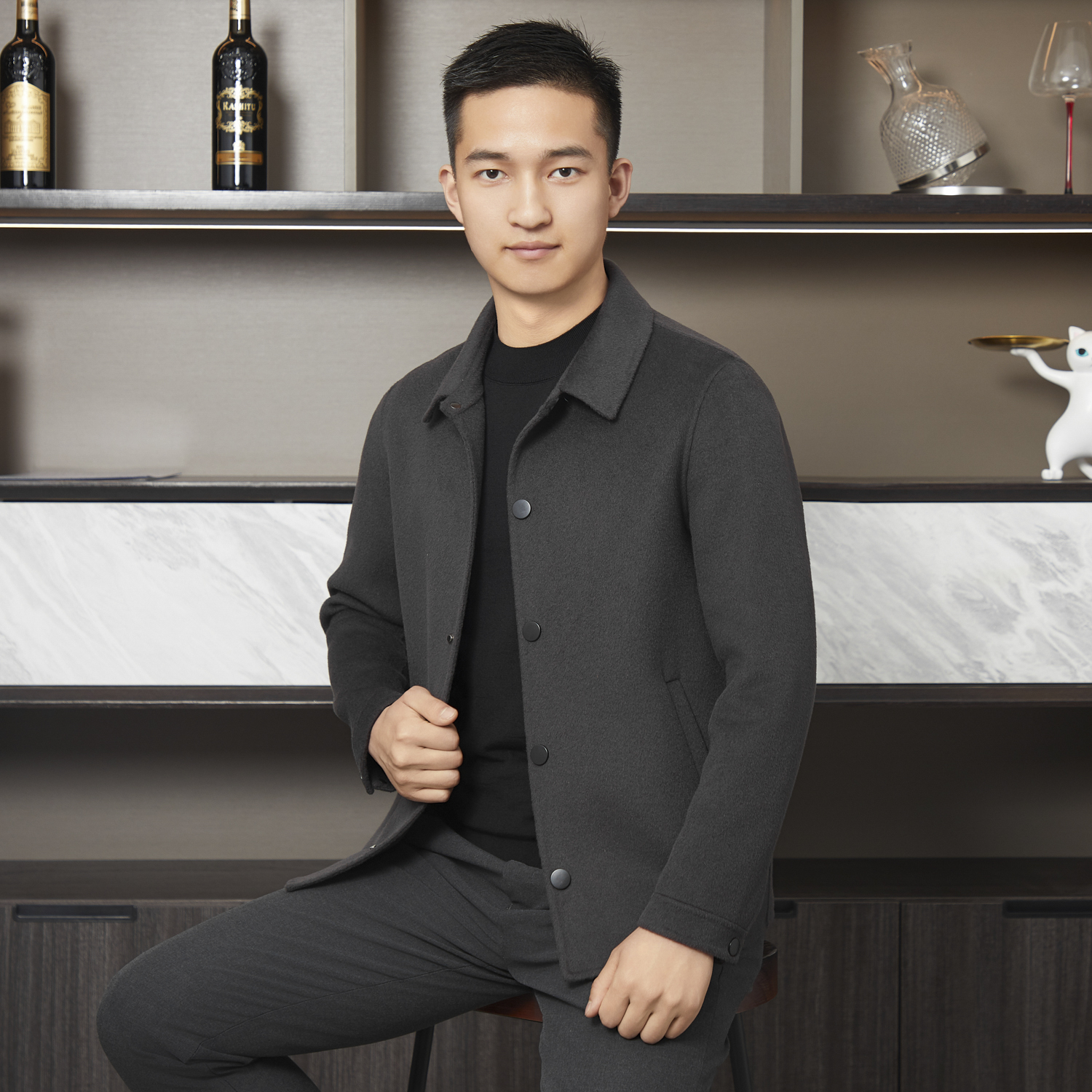 【短款-气质大衣NEW】双层100羊毛双面呢翻领简约男款短风衣手缝