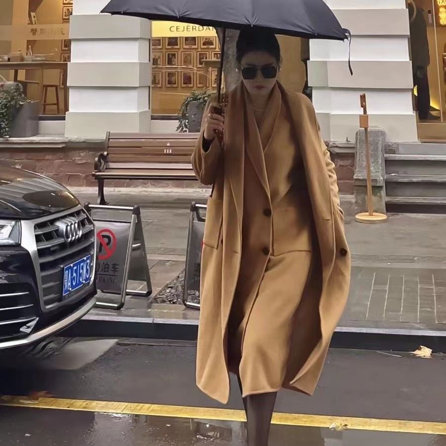 秋冬宽松毛呢韩版双排扣气质纯手工羊毛大衣外套假两件女冬双面呢