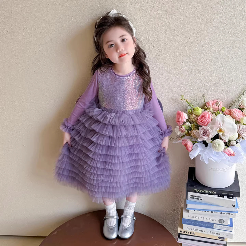公主裙女童连衣裙春秋2025新款儿童亮片小女孩公主礼服蛋糕裙套装