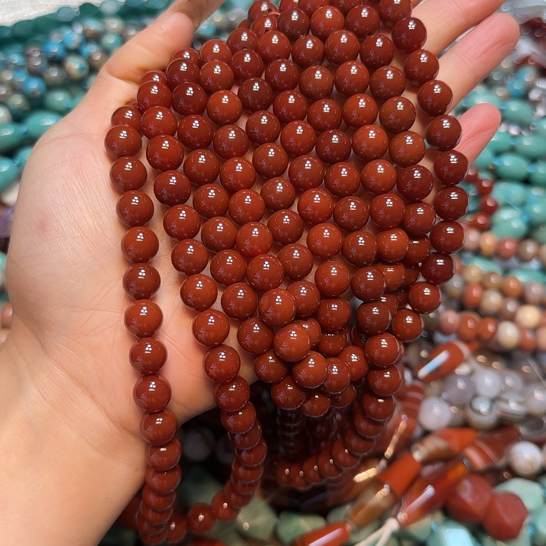 玛瑙/玉髓合金珠宝半成品南红色红玛瑙一条10mm