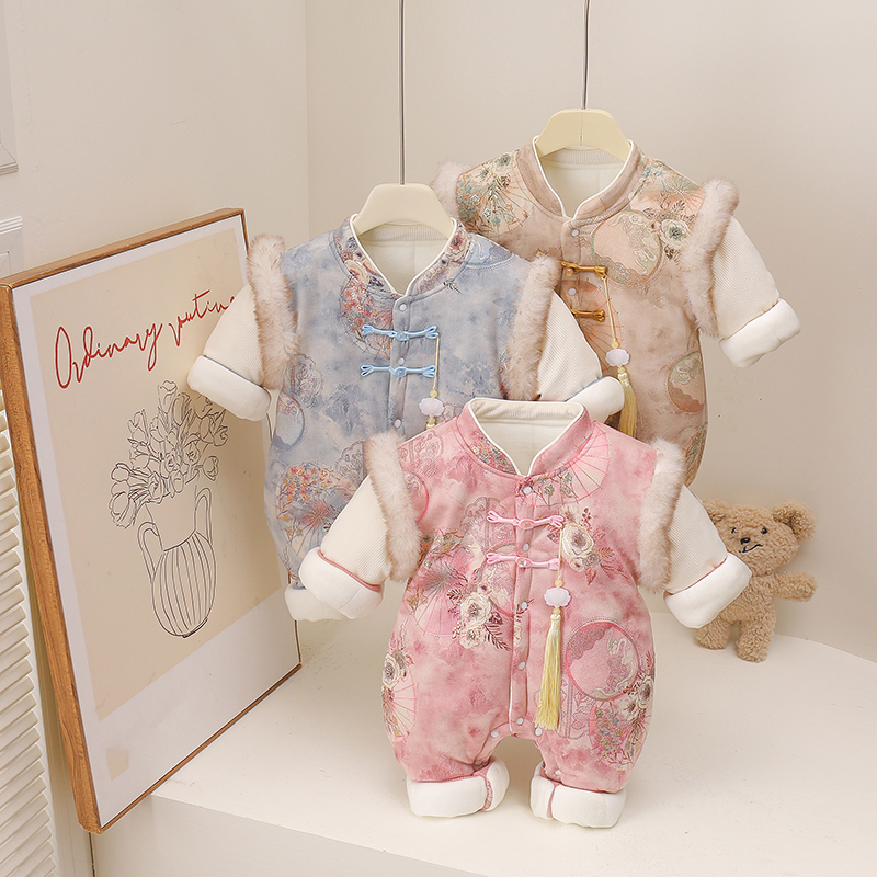 中国风冬季秋冬长爬款新中式拼袖棉哈衣哈衣爬服冬装幼儿加厚