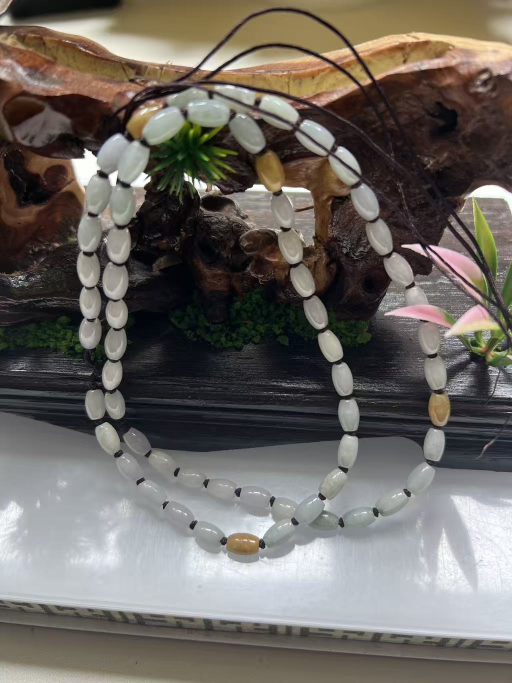 天然翡翠A货珠链三彩阳绿飘花筒珠米珠圆珠挂绳妈妈玉手串百搭