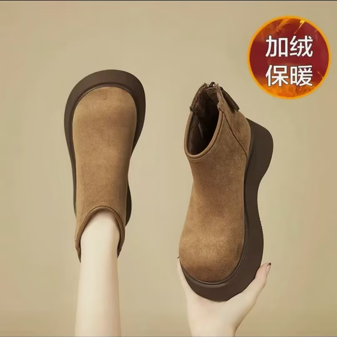 厚底磨砂复古低帮短靴女2025年冬季新款加绒后拉链防寒保暖雪地靴
