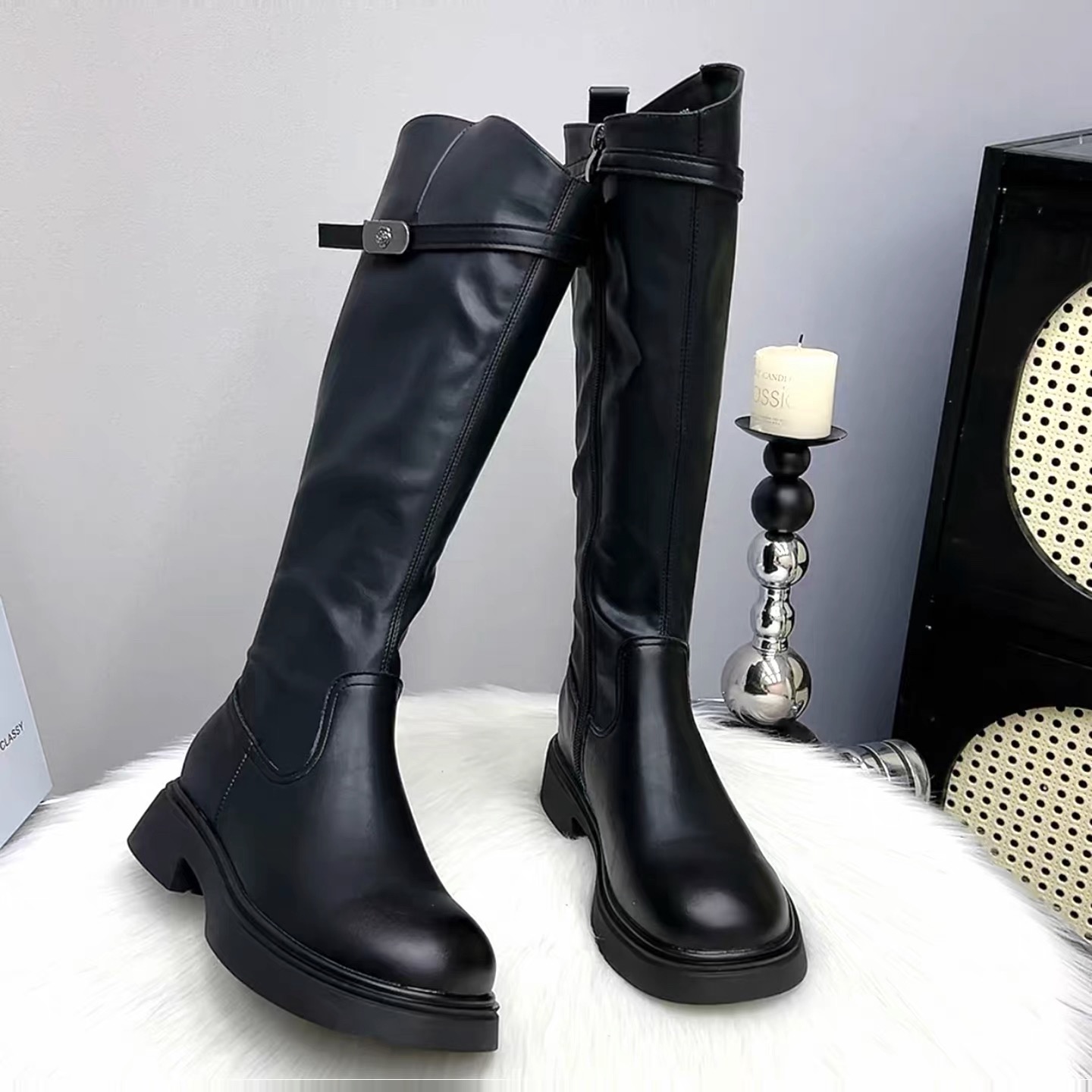 z大码40-3手抓纹皮厚底长靴女2025冬季新款软底时尚百搭8816-1