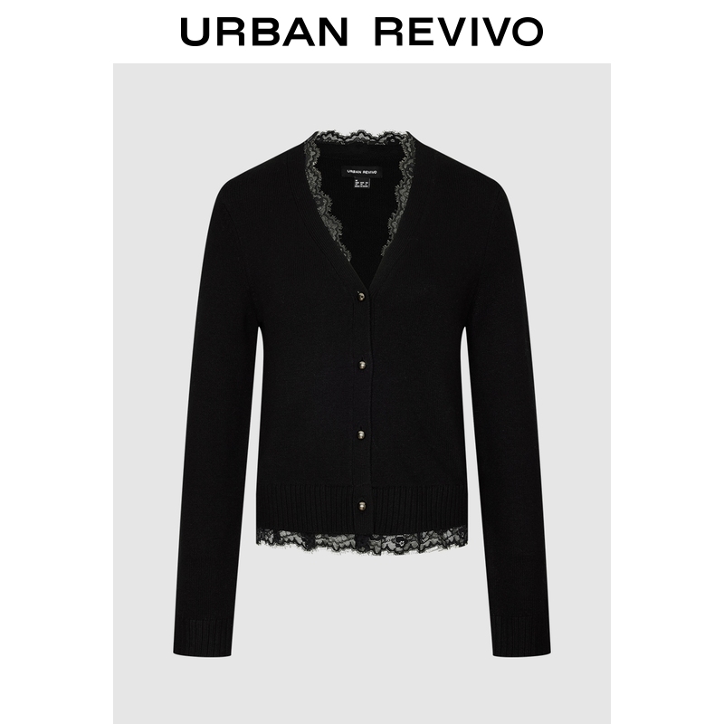 UR2025冬季新款女装气质蕾丝V领排扣短款针织开衫UWM950146