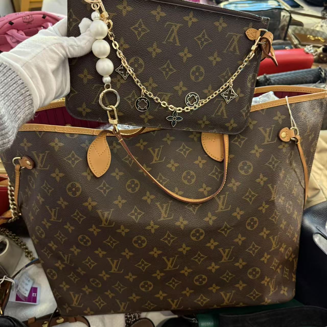 95新 LouisVuitton/路易威登 nf玫红色子母包大号/龙龙在包展