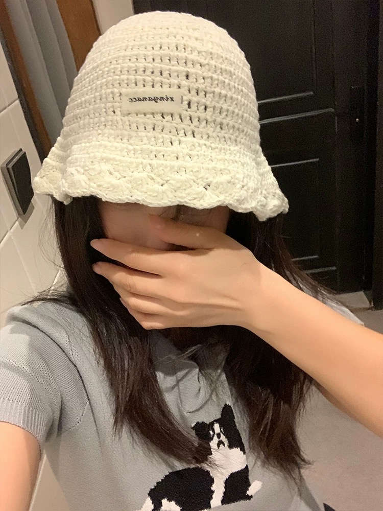 ins手工钩织渔夫帽女百搭显脸小防晒盆帽薄款镂空针织毛线帽复古