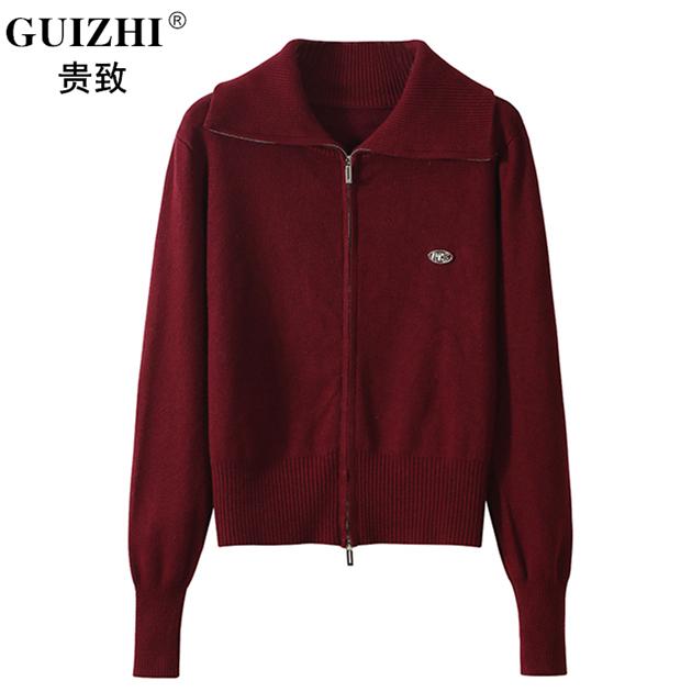 欧货2025秋季新款双拉链针织开衫女宽松显瘦翻领百搭长袖外套毛衣