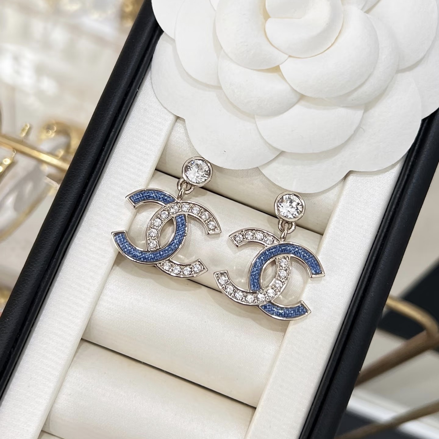 未使用 Chanel/香奈儿 蓝色银拼接耳环圆钻轻奢百搭气质