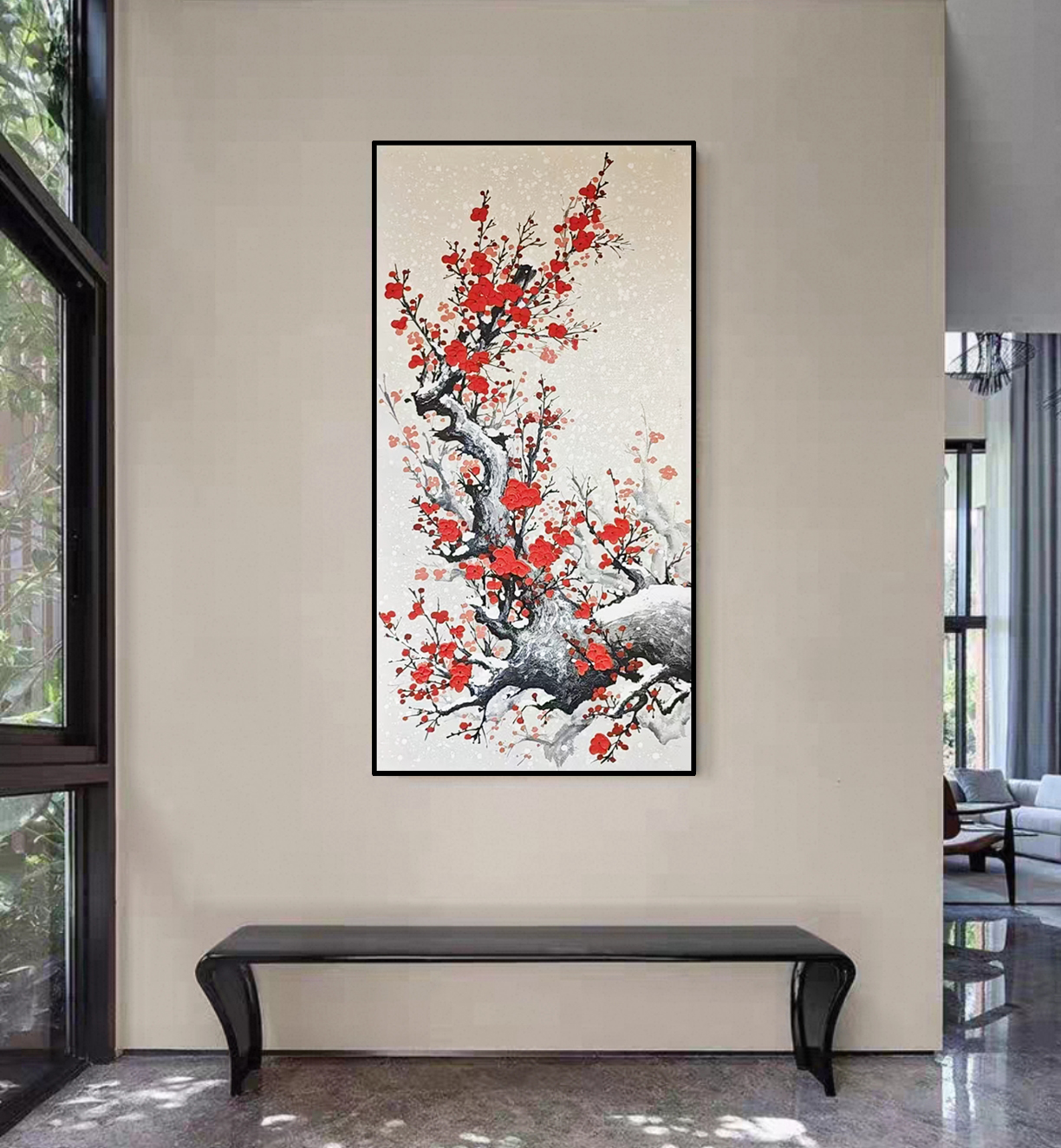 喜上眉梢新中式进门入户玄关画红色喜庆梅花装饰画浮雕油画