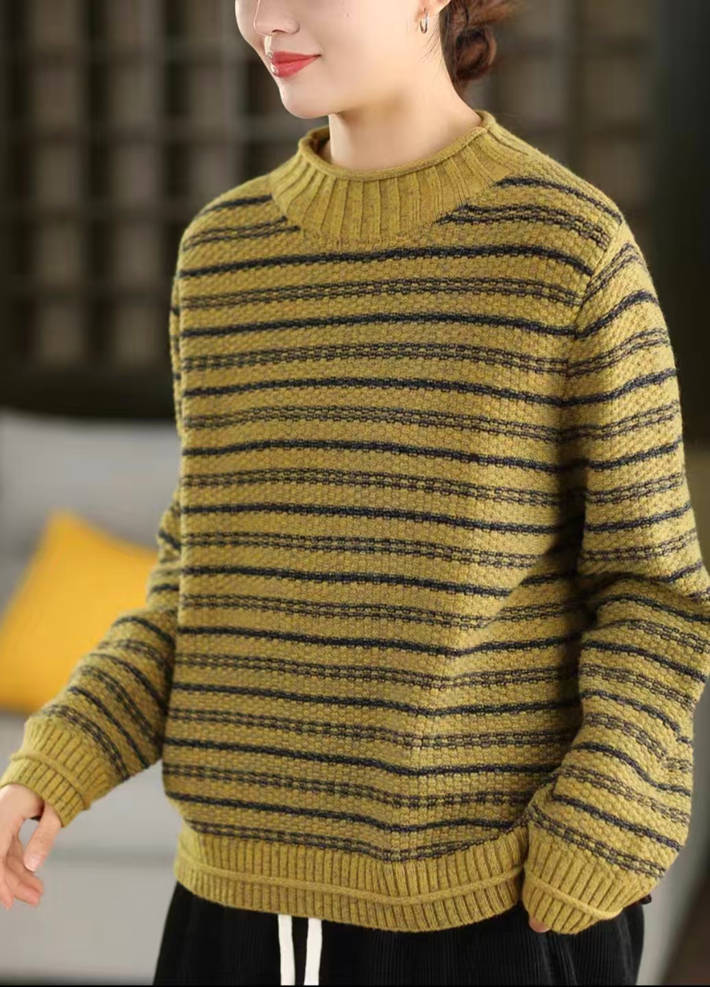 新品复古提花针织衫毛衣半高领加厚条纹毛针织衫套头上衣时尚洋气