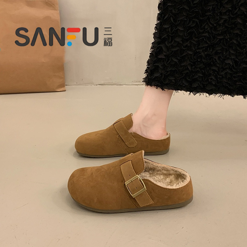 三福新款包头半拖鞋女2025秋冬季加绒一脚蹬软底勃肯半拖毛毛拖鞋