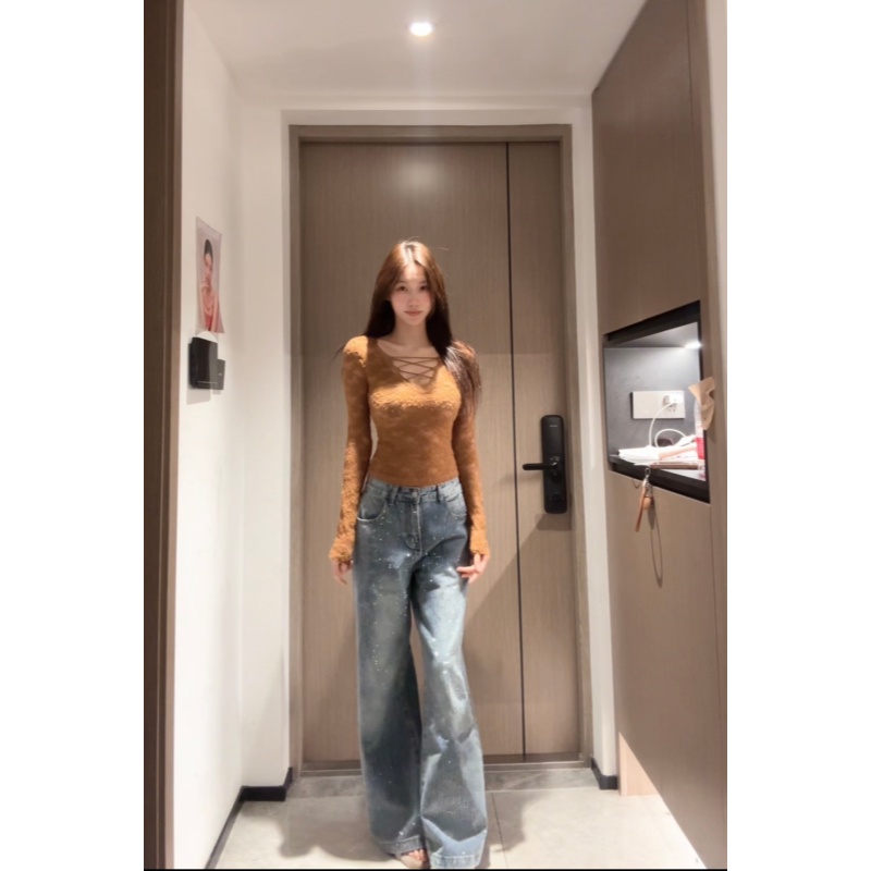 交叉绑带蕾丝打底衫上衣女秋冬新款显瘦内搭修身纯欲长袖T恤01919