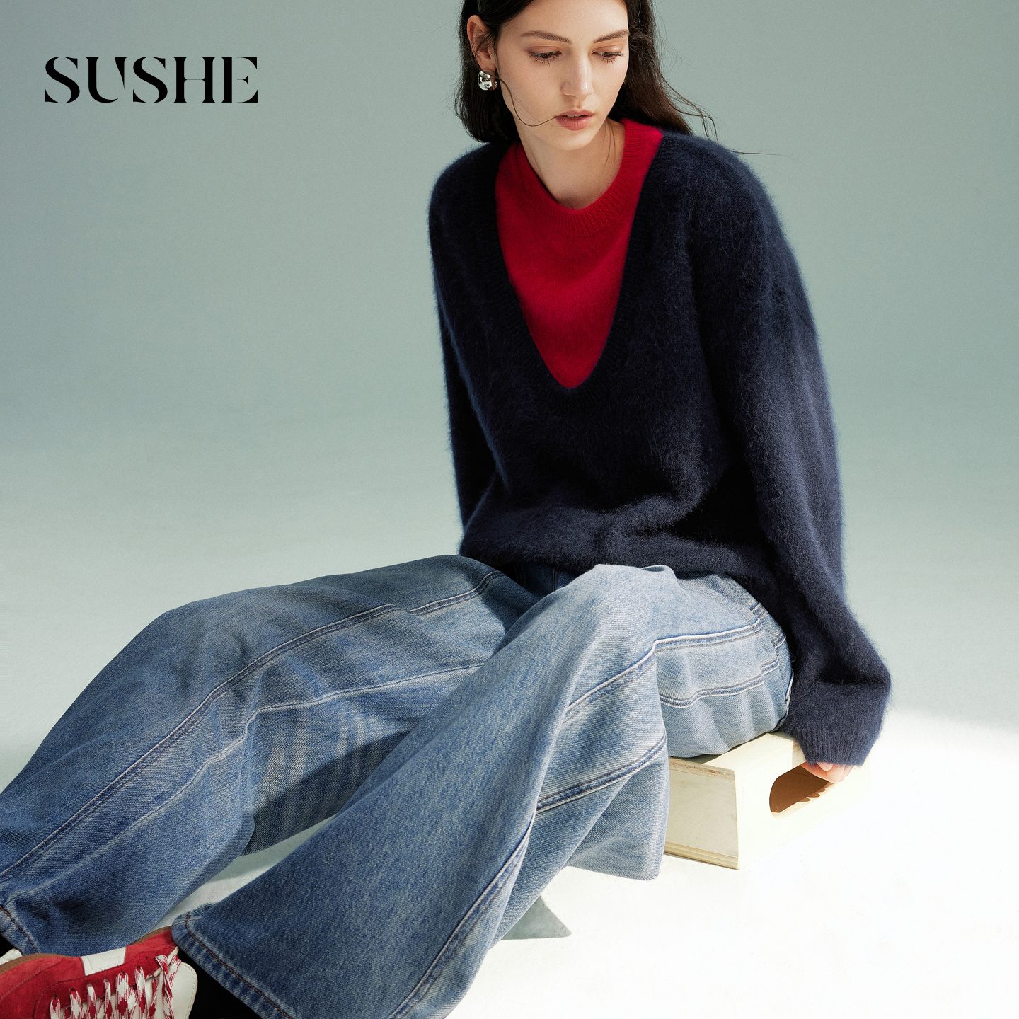 束皙SUSHE炽屿高智感撞色叠搭内搭假两件针织衫毛衣上衣女