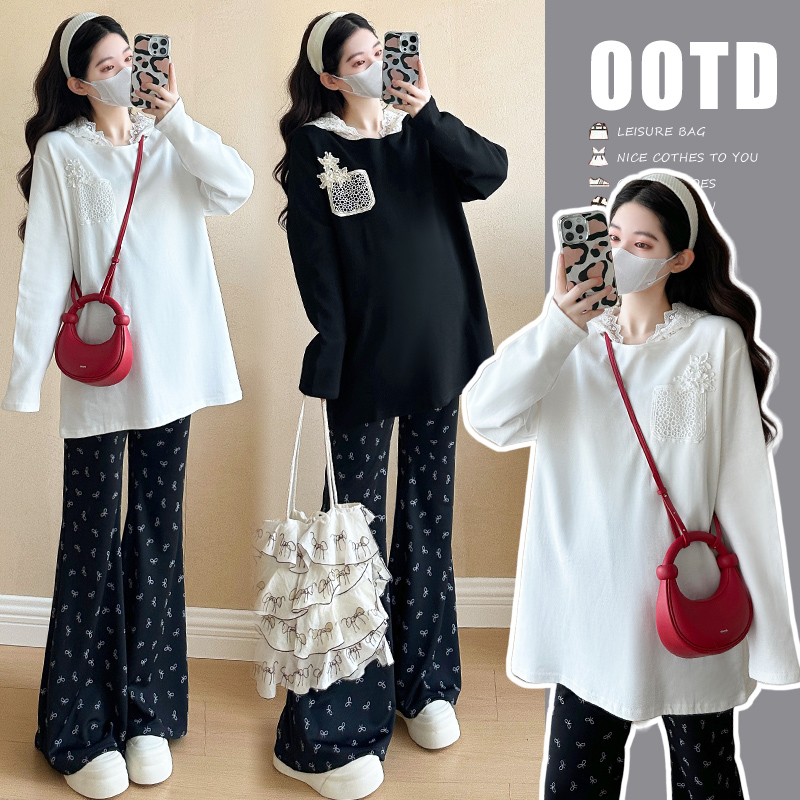 孕妇装春季2025新款时尚蕾丝连帽拼接纯棉上衣蝴蝶结小个子春秋