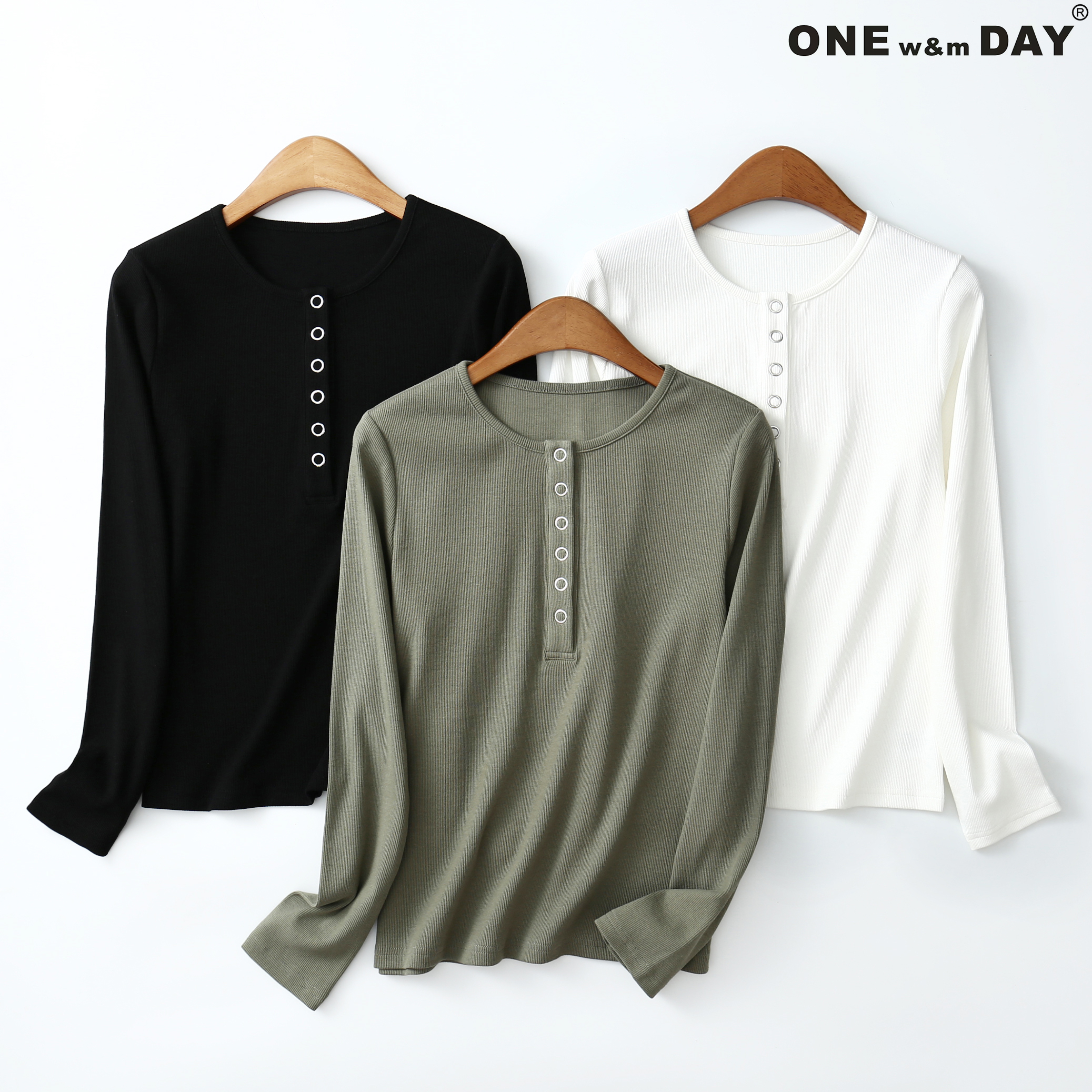 女款坑条亨利衫半开扣长袖T恤568