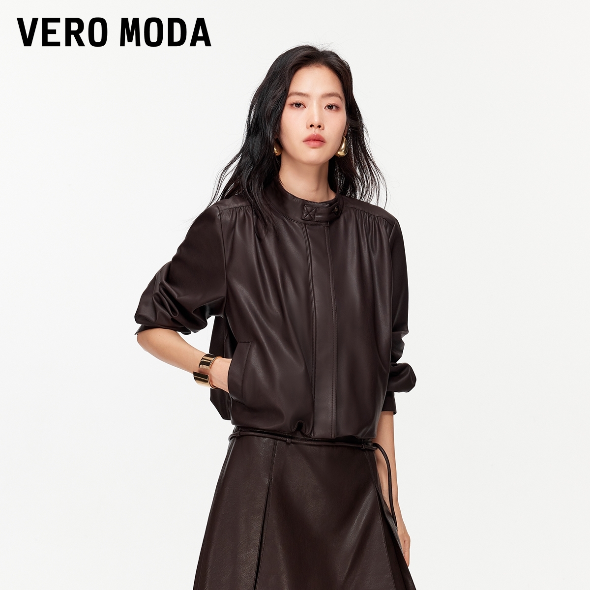 Vero Moda夹克女2026春季新款立领抽褶哑光宽松PU外套326117008