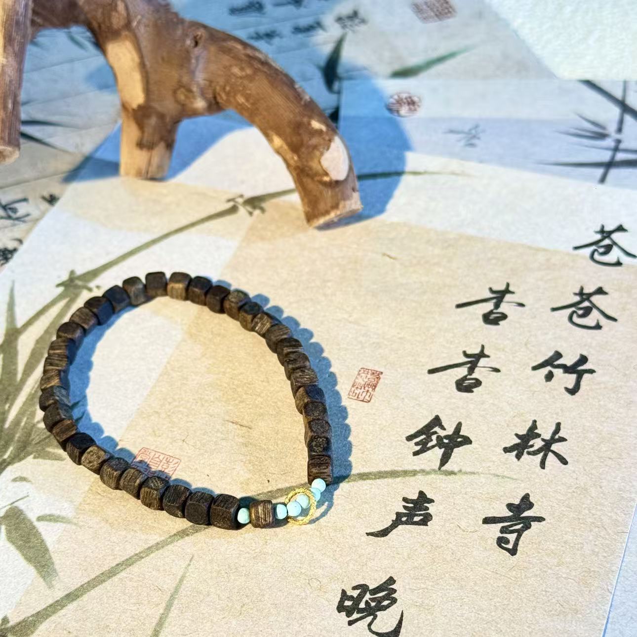 沉香【景润】4-5莺歌绿棋楠沉香软丝节油baby蓝松石四方珠单圈手串 